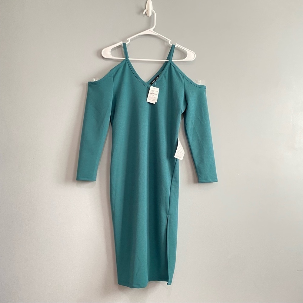 Max+Ash Cold Shoulder Long sleeves Sheath Dress with Slit In Emerald Green Sz M - Picture 4 of 8